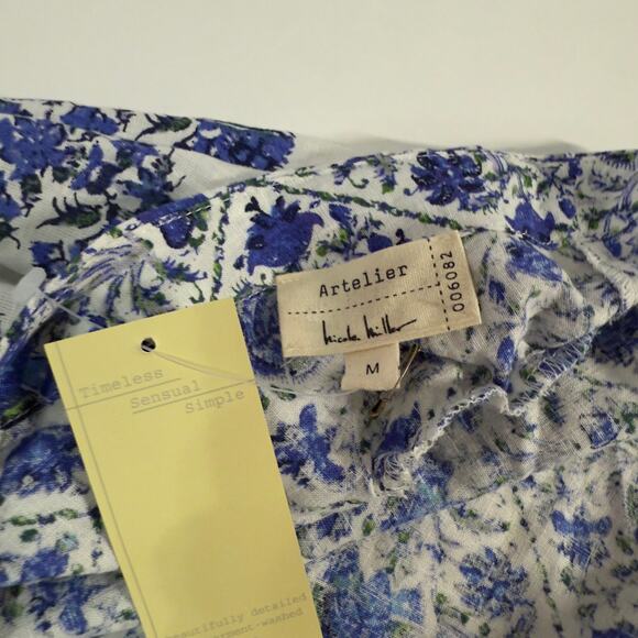 Nicole Miller M NEW Blue Floral Print Linen Cropped Balloon Sleeve Top - Picture 6 of 9